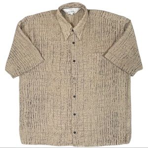 Virgola size large vintage tan with black designs button down short sleeve shirt